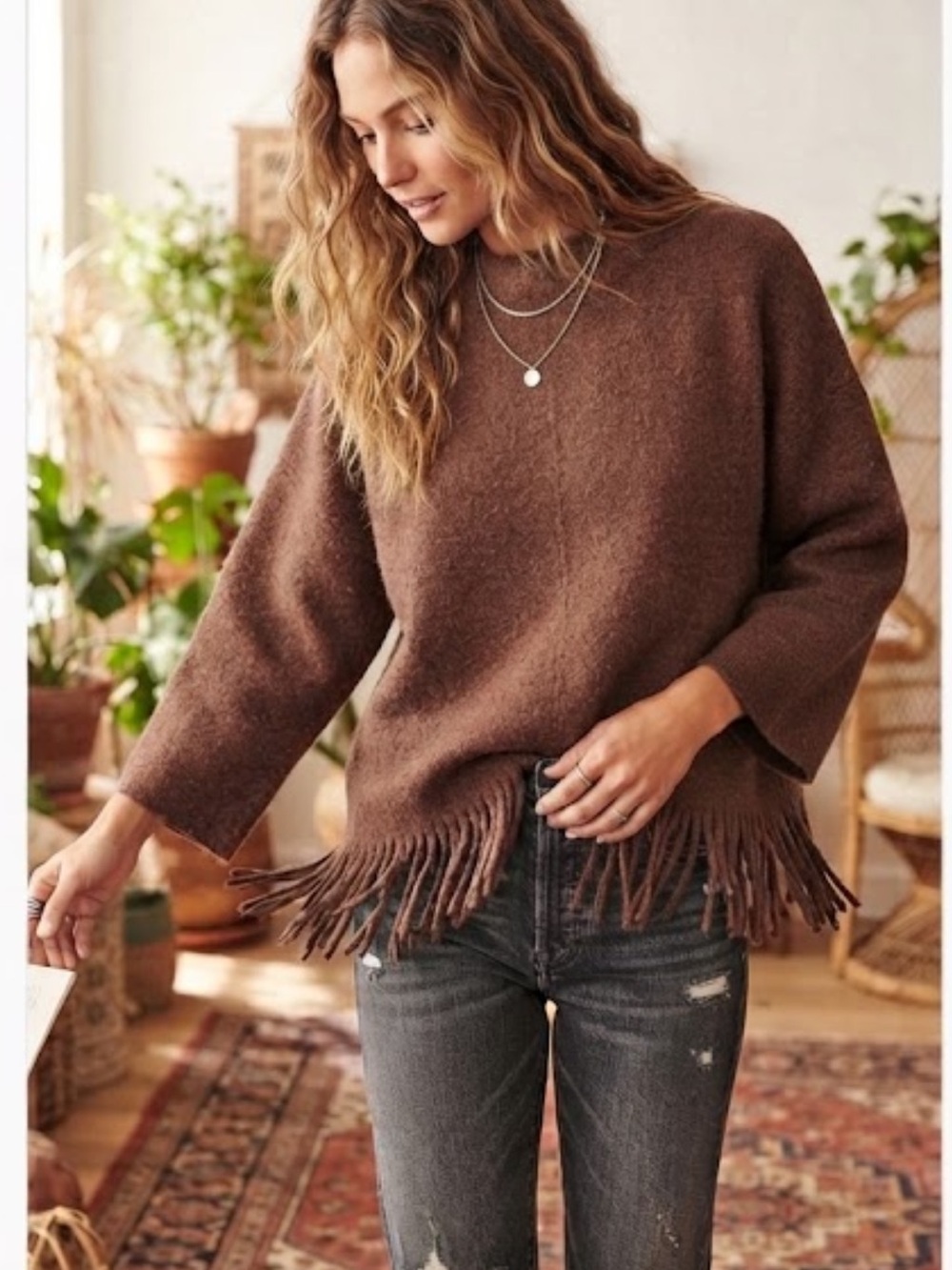 J.Crew Alpaca Wool Sweater Oversized Mock Neck Fringe Hem Brown Small